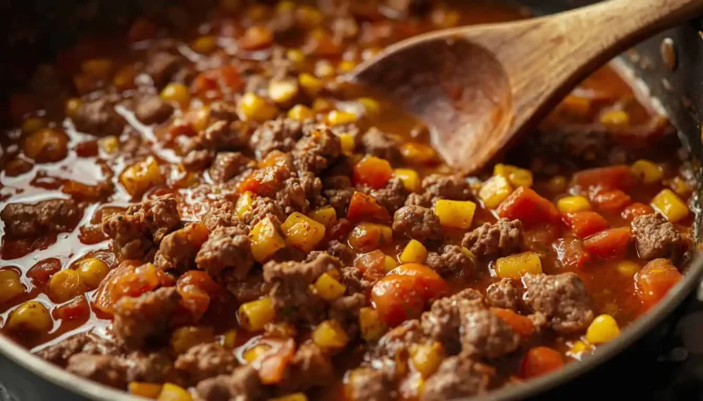 Ground beef, corn, and tomato filling cooking in a skillet for hamburger corn casserole