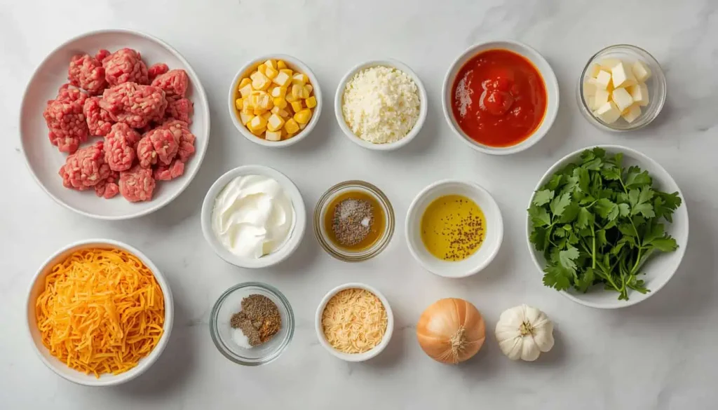 Ingredients for hamburger corn casserole including ground beef, corn, tomatoes, cheese, onion, and seasonings