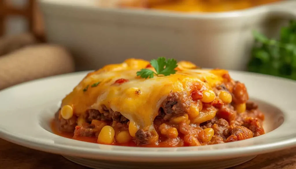 Serving of hamburger corn casserole with ground beef, corn, creamy tomato sauce, and melted cheese