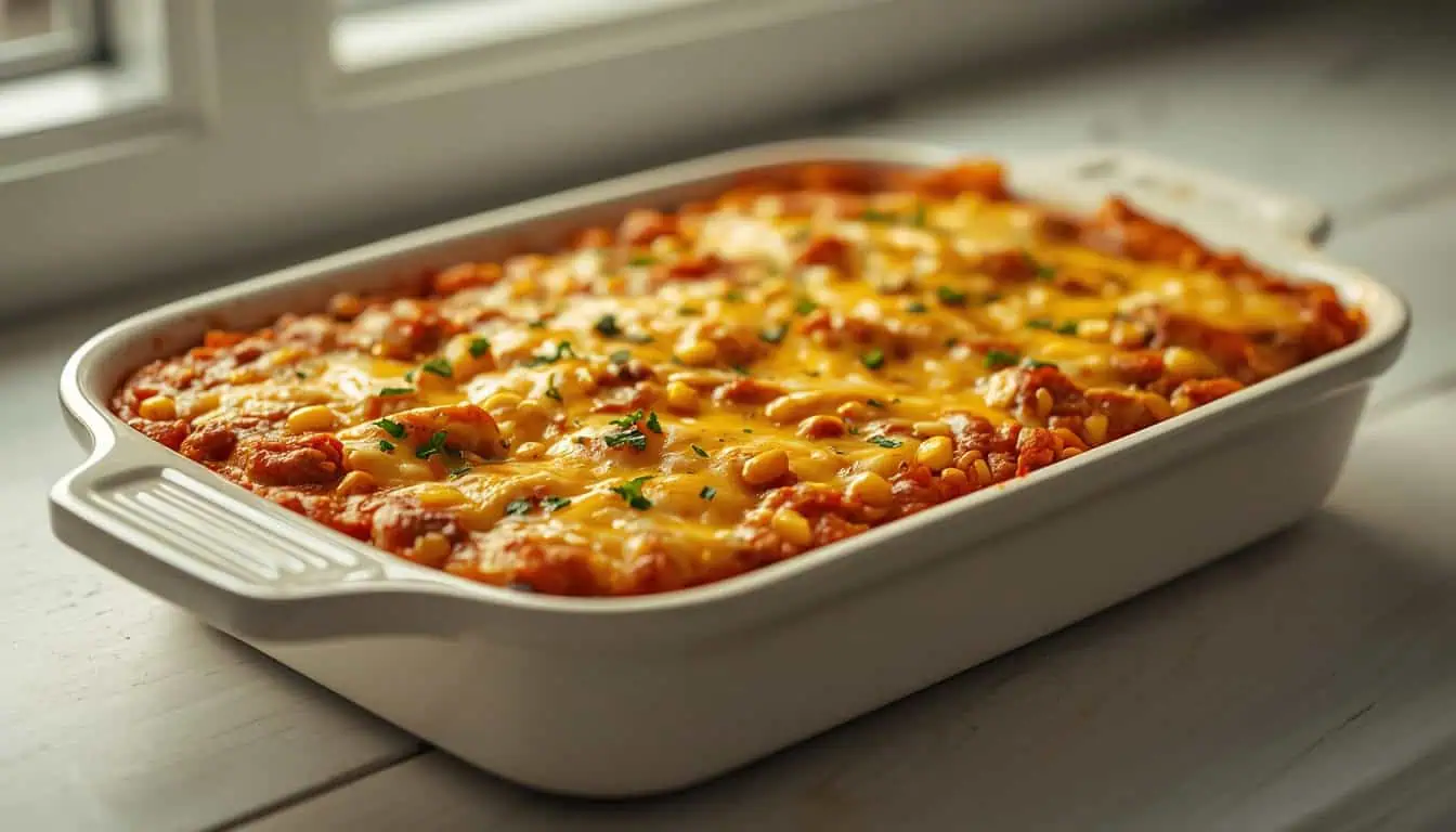 Cheesy hamburger corn casserole with ground beef, sweet corn, tomato sauce, and melted cheese