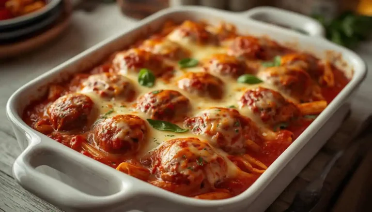 Cheesy meatball casserole with beef meatballs, pasta, marinara sauce, and melted mozzarella