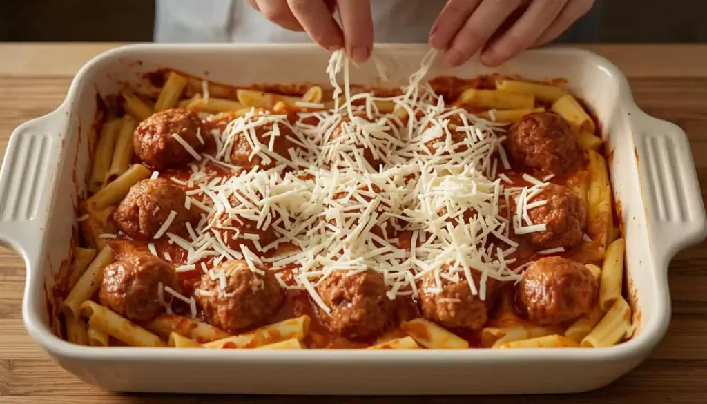 Meatball casserole assembled with pasta, marinara, beef meatballs, and mozzarella before baking