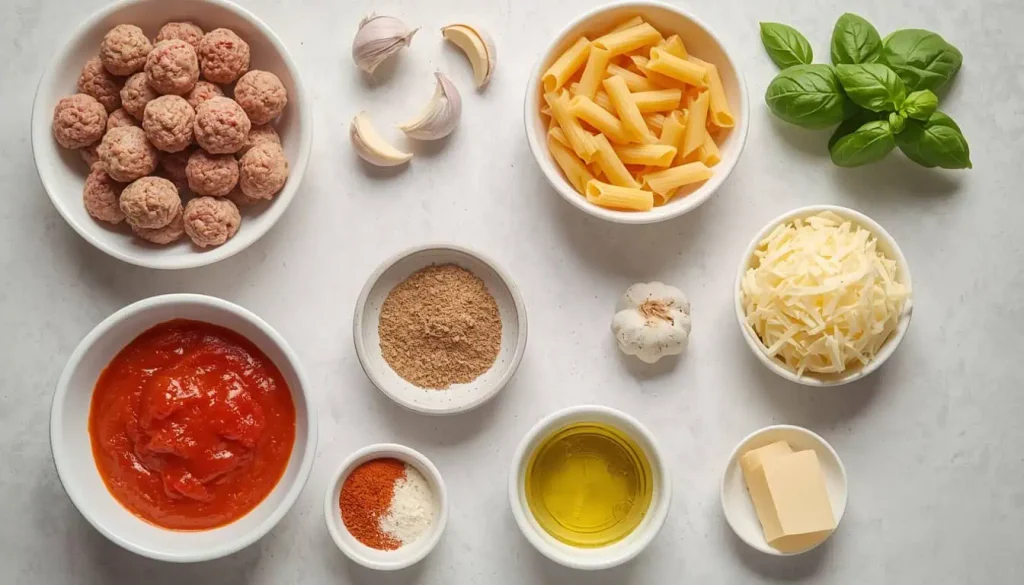 Ingredients for meatball casserole including beef meatballs, pasta, marinara sauce, mozzarella, and seasonings