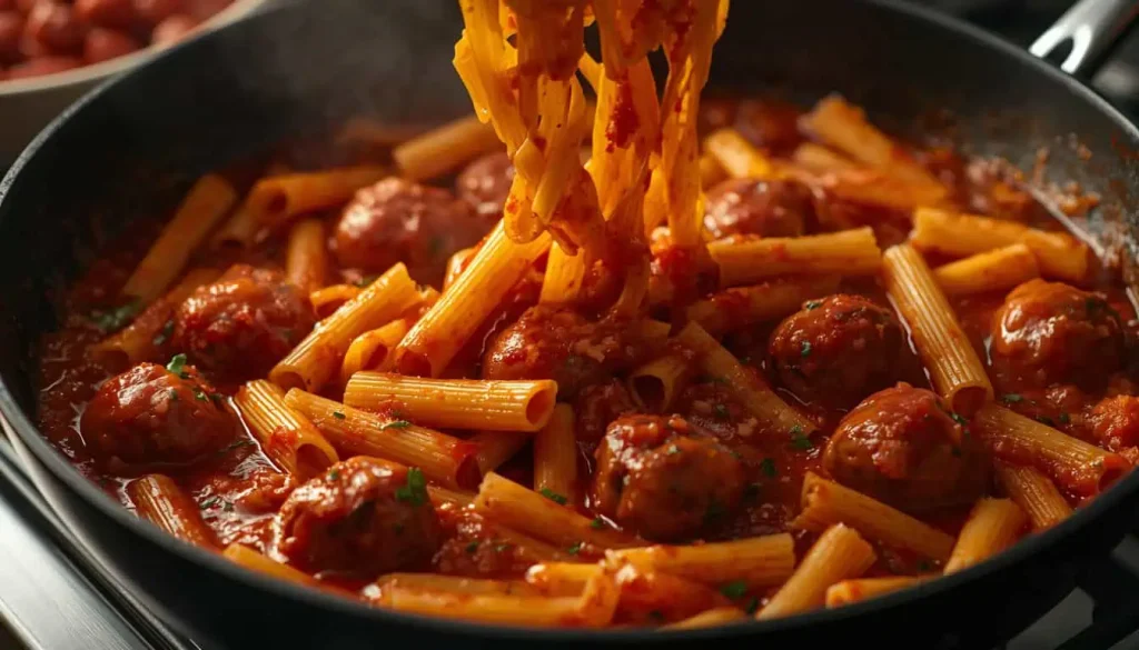 Rigatoni pasta being coated with marinara sauce for meatball casserole