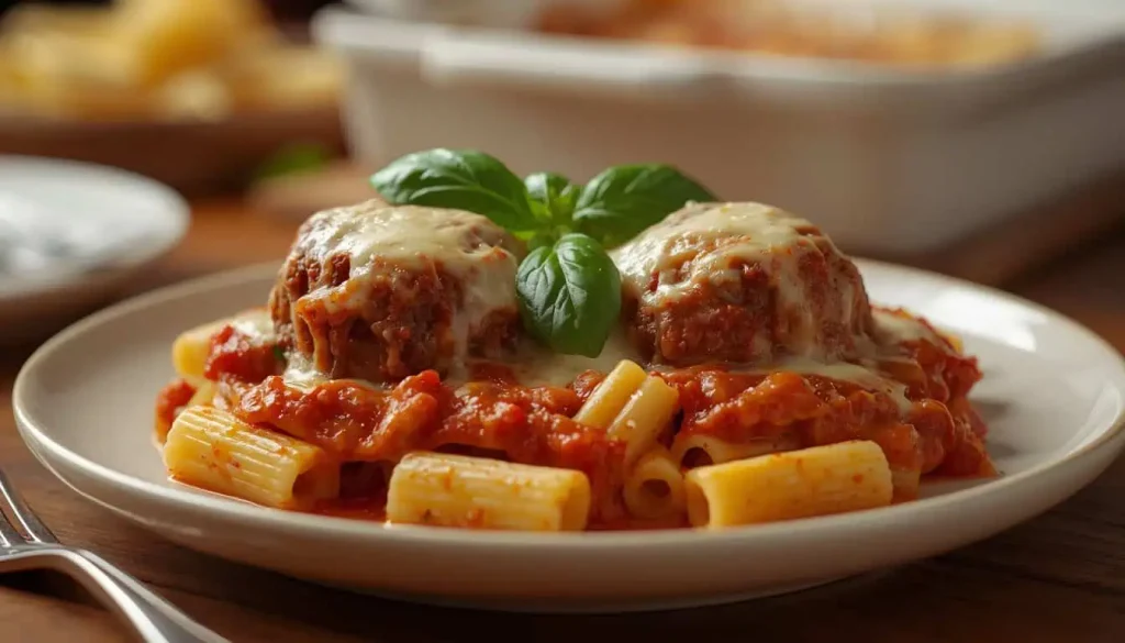 Serving of cheesy meatball casserole with pasta, beef meatballs, marinara, and melted cheese