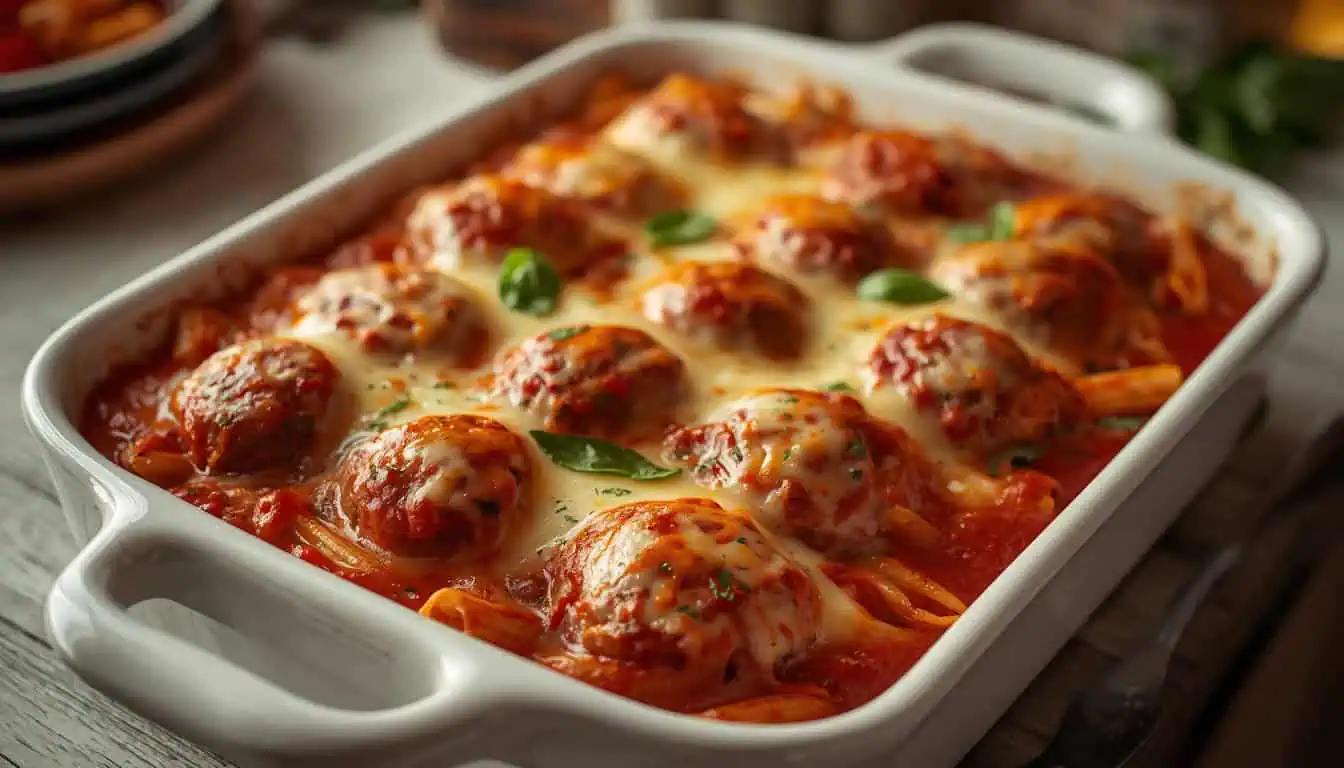Cheesy meatball casserole with beef meatballs, pasta, marinara sauce, and melted mozzarella