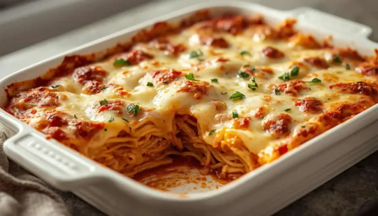 Million Dollar Spaghetti Casserole with creamy cheese layers, beef tomato sauce, and melted mozzarella