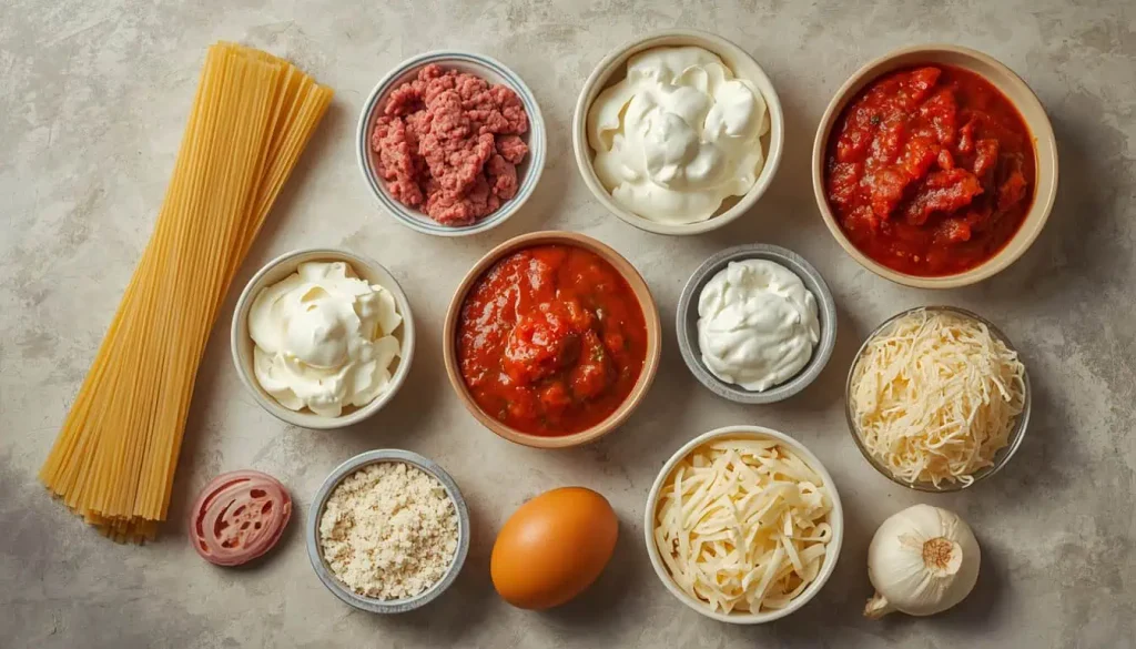 Ingredients for Million Dollar Spaghetti Casserole with spaghetti, beef, tomato sauce, cream cheese, ricotta, and mozzarella