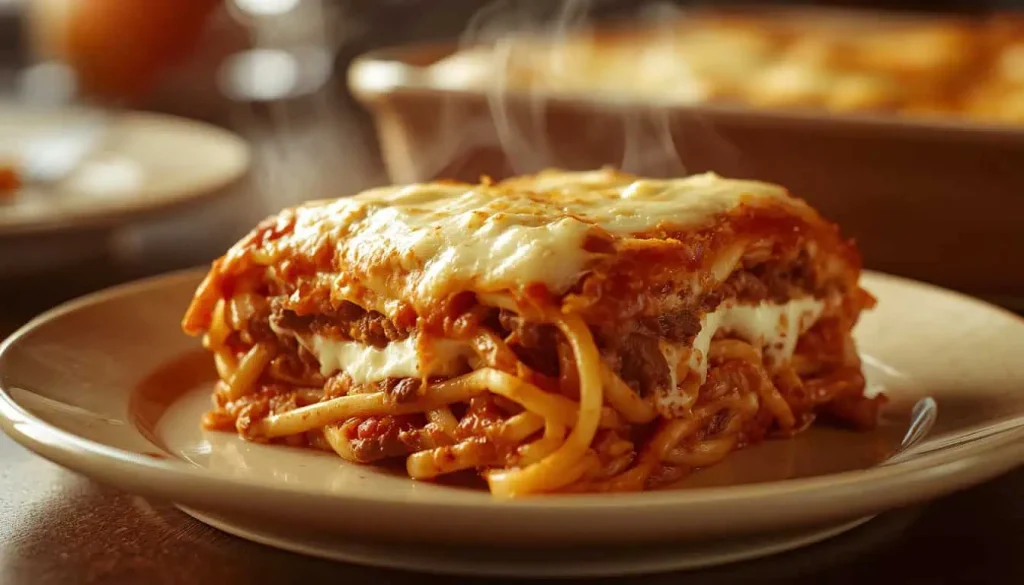 Serving of Million Dollar Spaghetti Casserole showing spaghetti, meat sauce, creamy cheese filling, and mozzarella