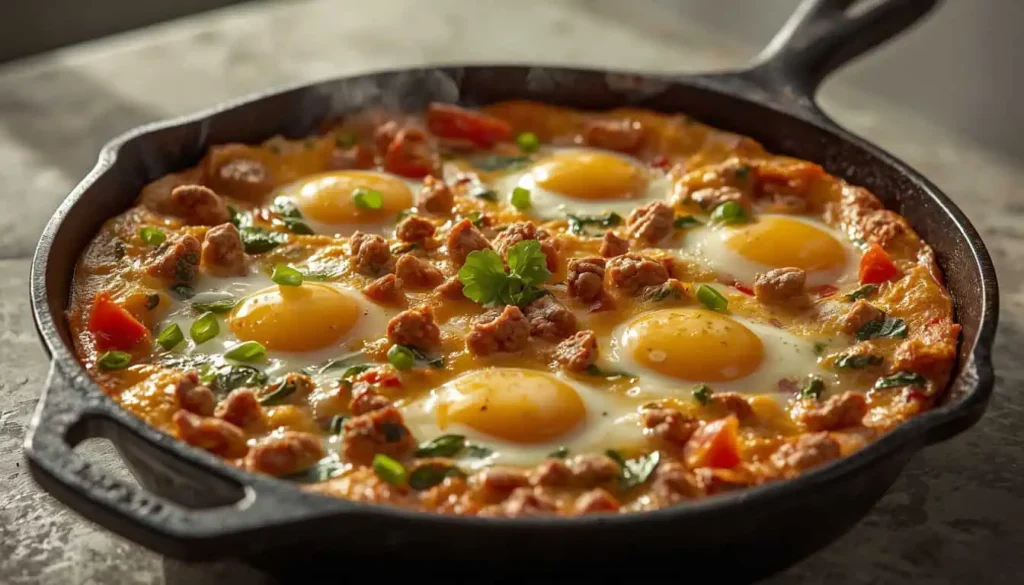 One Skillet Breakfast Casserole with eggs, sausage, peppers, spinach, and melted cheese