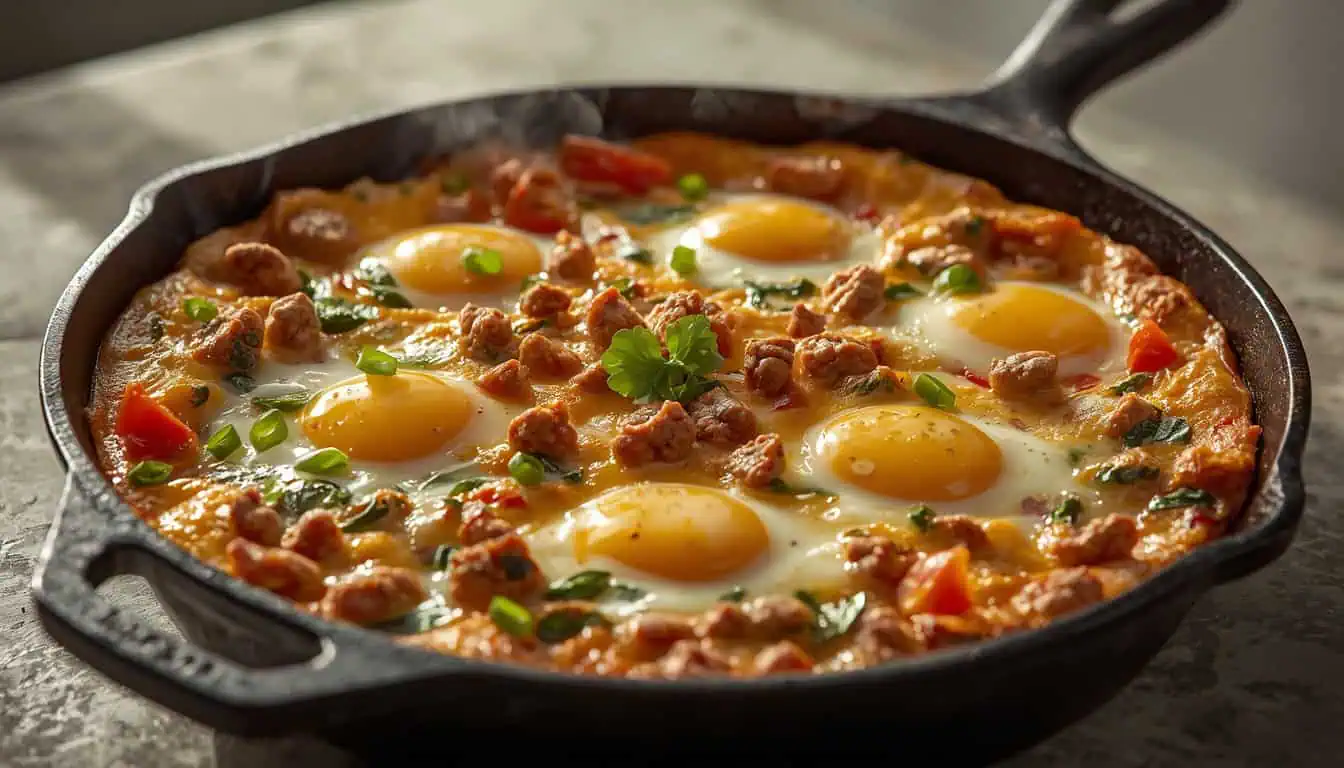 One Skillet Breakfast Casserole with eggs, sausage, peppers, spinach, and melted cheese
