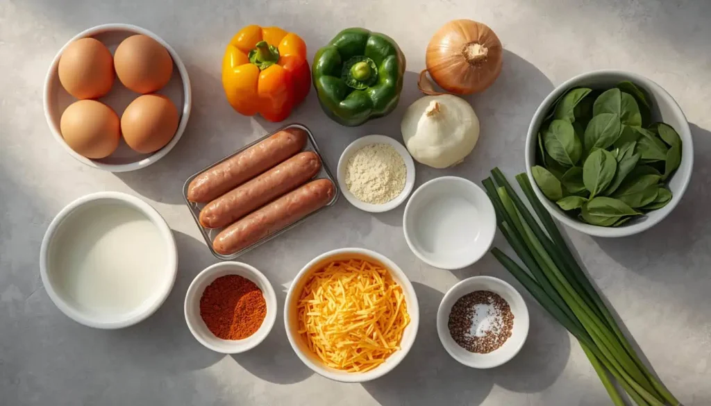 Ingredients for One Skillet Breakfast Casserole including eggs, sausage, peppers, spinach, and cheese