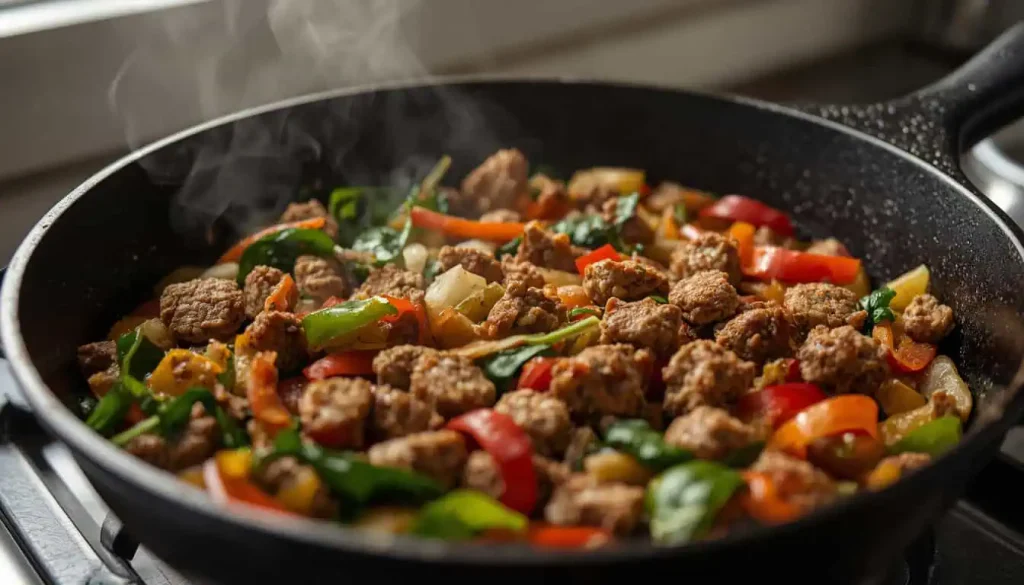 Sausage, peppers, and spinach in a skillet before adding eggs for breakfast casserole