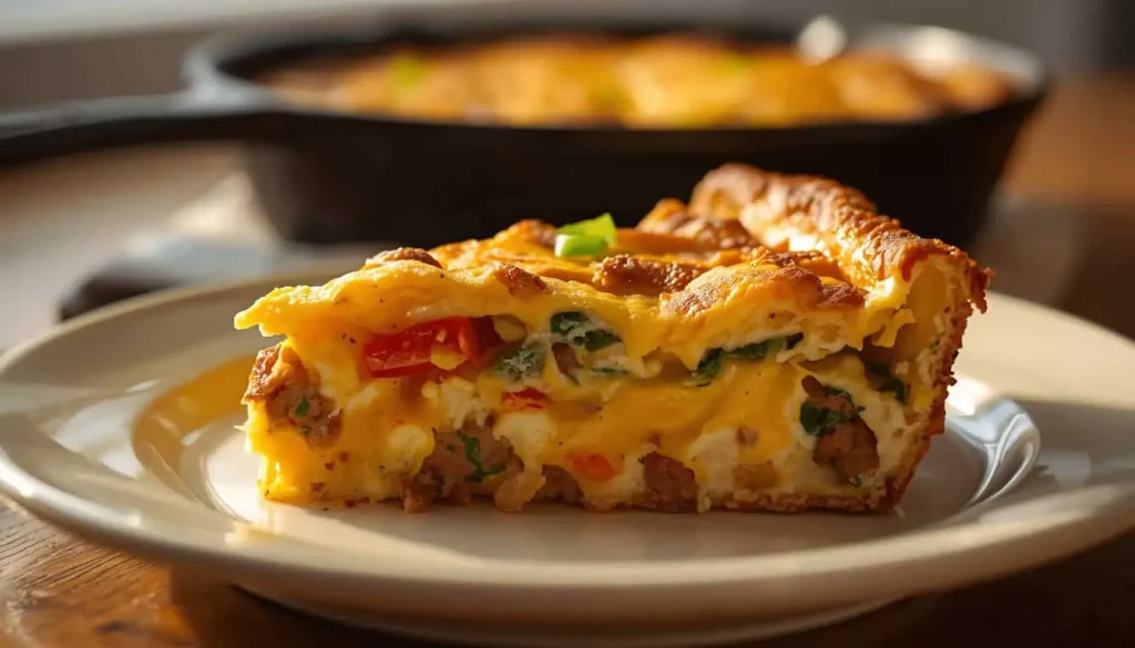 Slice of One Skillet Breakfast Casserole with sausage, vegetables, eggs, and cheddar