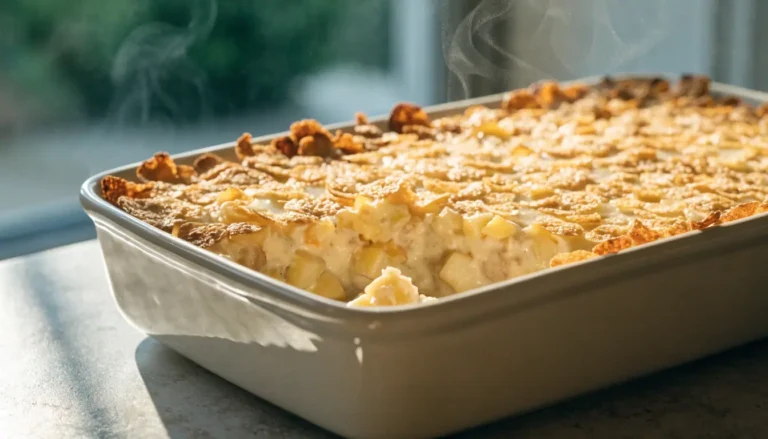 Potato and cornflake casserole with creamy cheesy potatoes and crispy golden cornflake topping