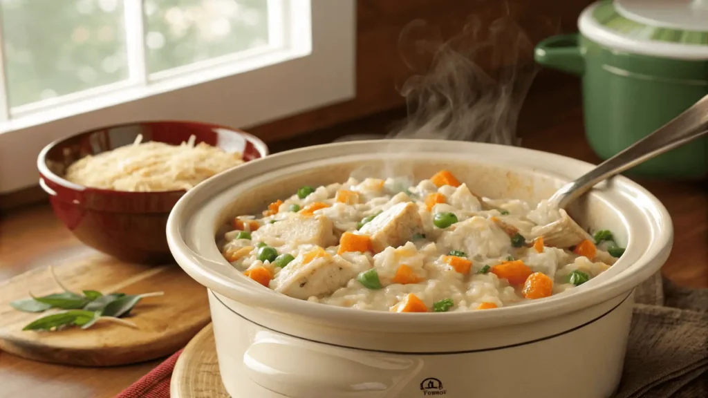 Slow cooker chicken and rice casserole with tender chicken, creamy rice, vegetables and melted cheese