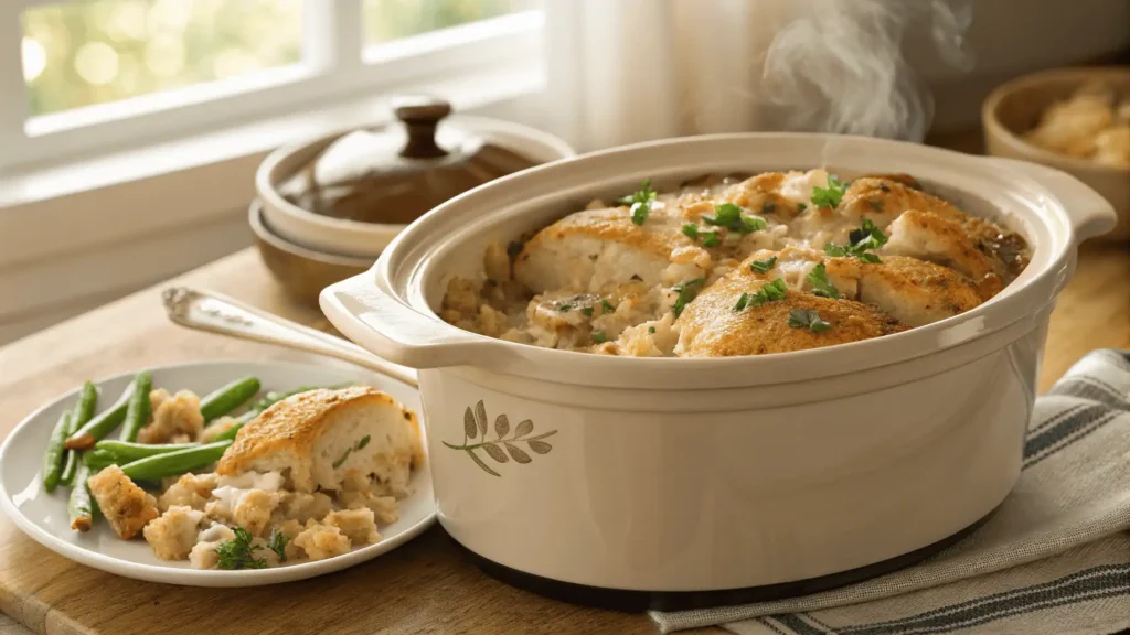 Slow cooker chicken stuffing casserole with creamy chicken, green beans and golden herb stuffing