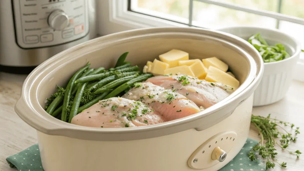 Chicken stuffing casserole layered in a slow cooker before cooking