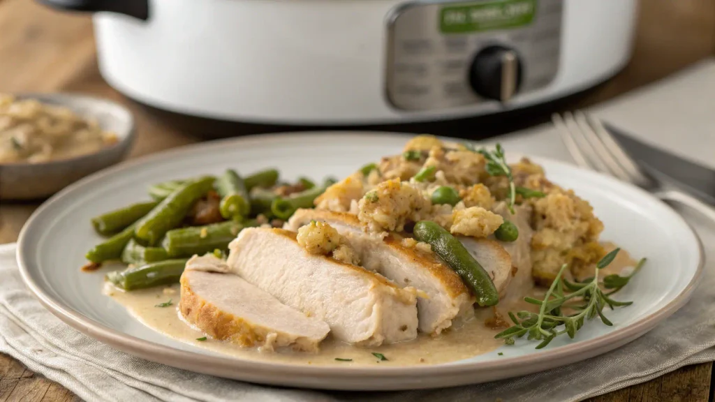 Creamy slow cooker chicken stuffing casserole served with green beans