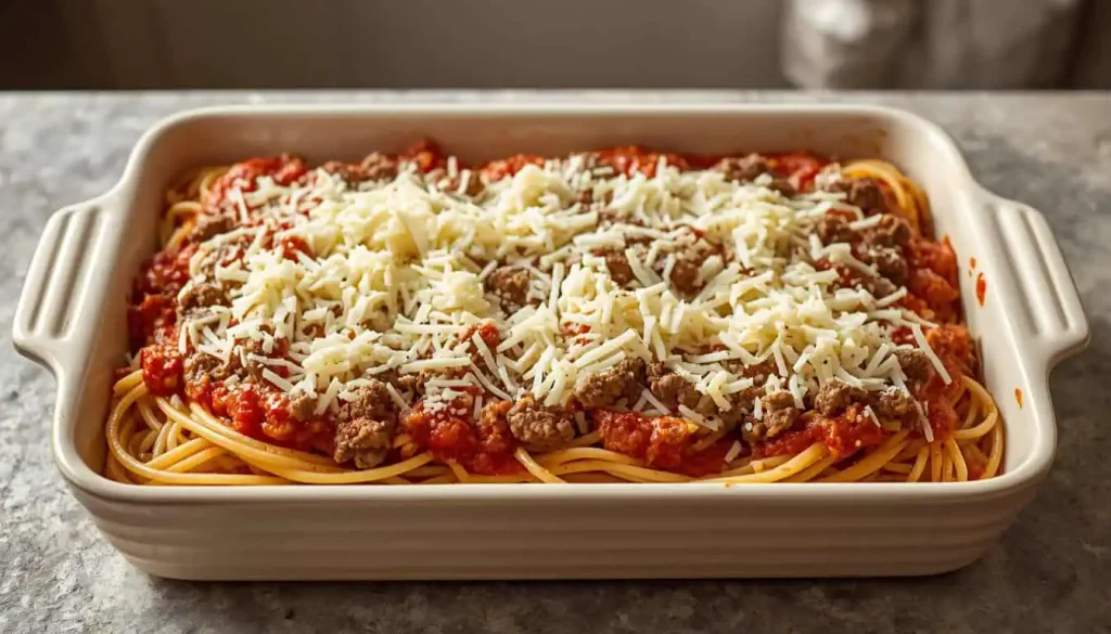 Spaghetti casserole layered with ground beef marinara and mozzarella before baking