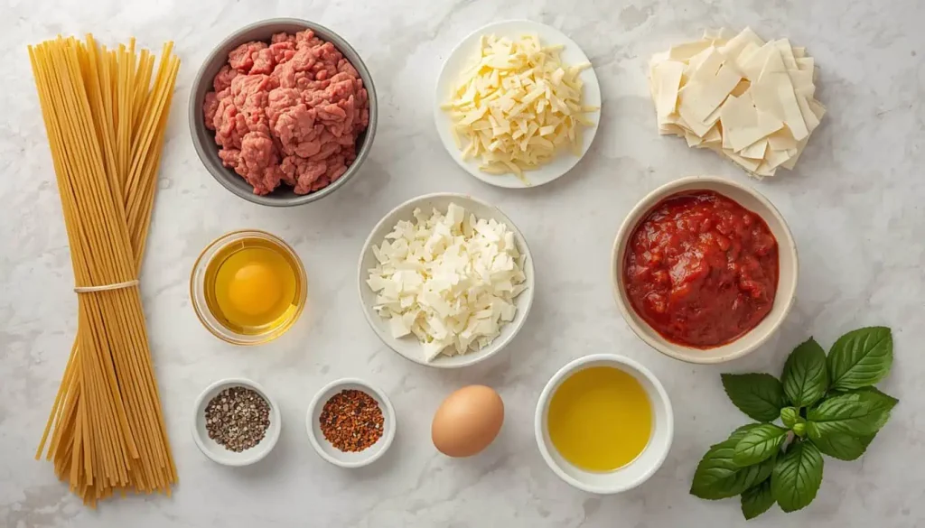 Ingredients for spaghetti casserole including spaghetti, ground beef, marinara, mozzarella, onion, garlic, and seasonings