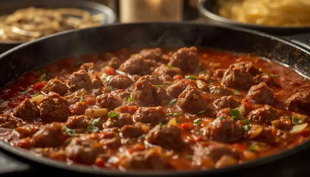 Ground beef marinara sauce cooking in a skillet for spaghetti casserole