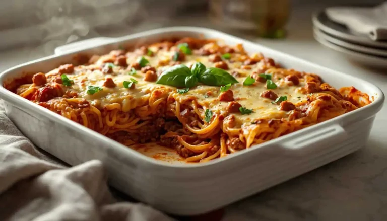Cheesy spaghetti casserole with ground beef, marinara sauce, and melted mozzarella in a baking dish