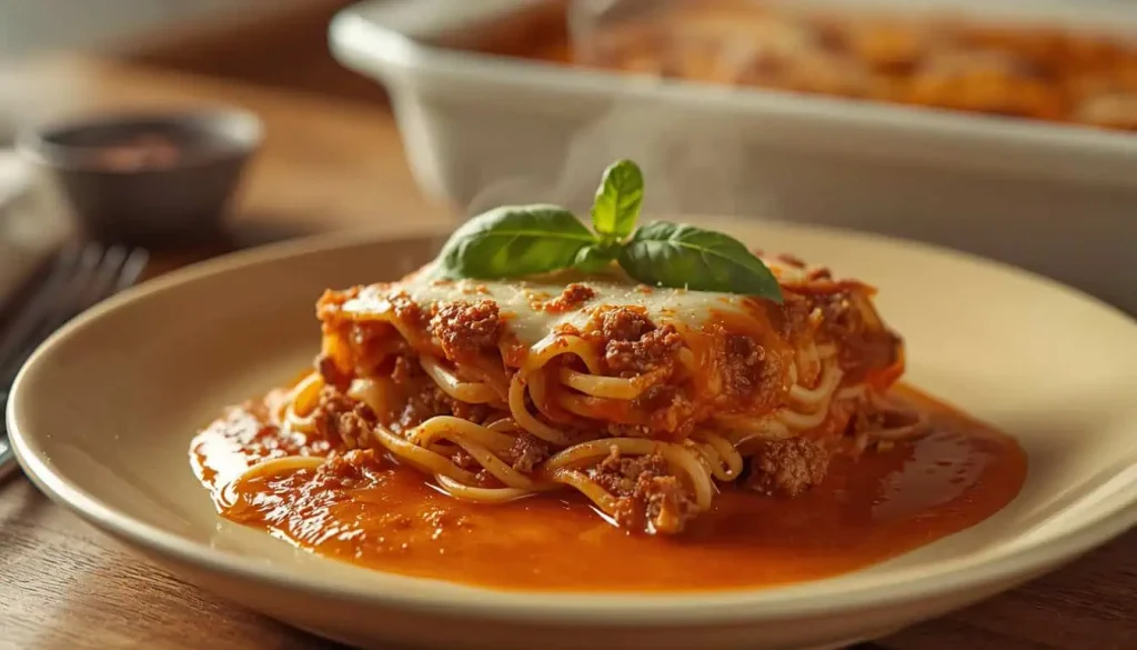 Serving of cheesy spaghetti casserole with ground beef, marinara sauce, and melted mozzarella