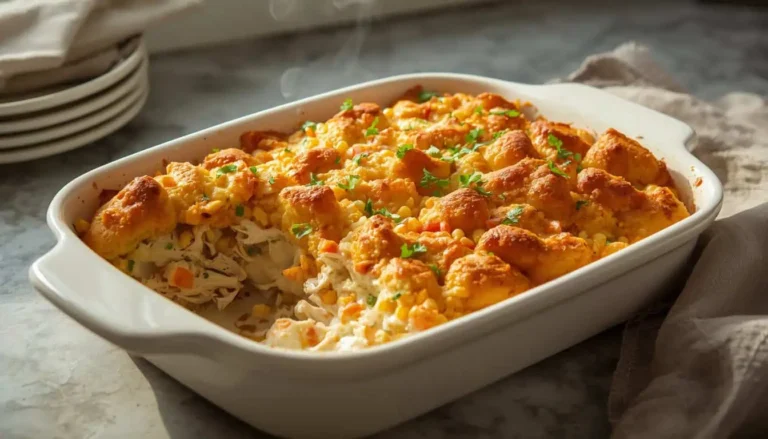 Creamy Stove Top chicken casserole with vegetables and golden buttery stuffing in a baking dish
