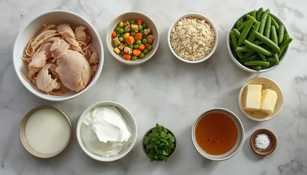 Ingredients for Stove Top chicken casserole including chicken, stuffing, vegetables, broth, sour cream, and seasonings