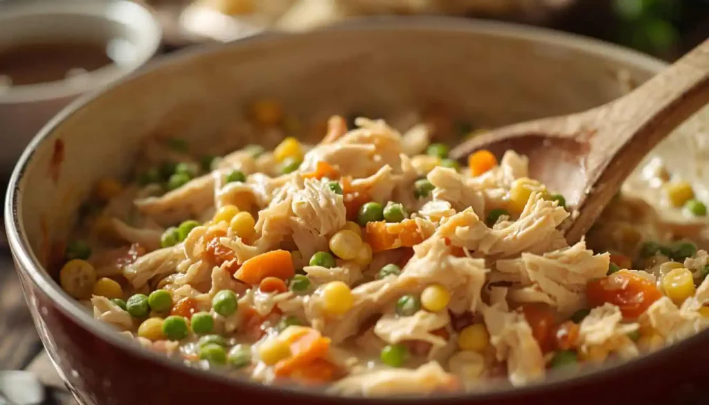 Creamy chicken and vegetables being prepared for Stove Top chicken casserole