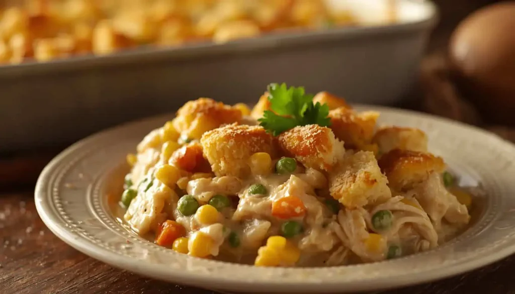 Serving of Stove Top chicken casserole with creamy chicken, vegetables, and golden stuffing