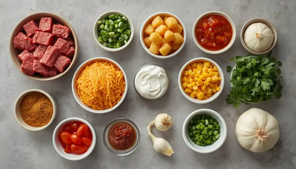 Ingredients for Taco Tater Tot Casserole including ground beef, cheese, salsa, corn, and tater tots