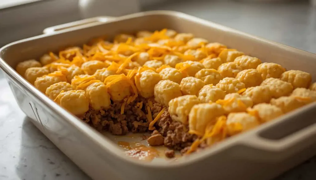 Taco beef mixture topped with cheese and frozen tater tots before baking