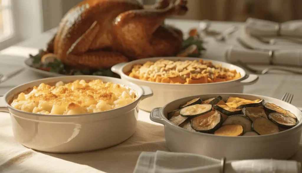 Thanksgiving casseroles arranged on a holiday table with potato, squash, and vegetable casseroles