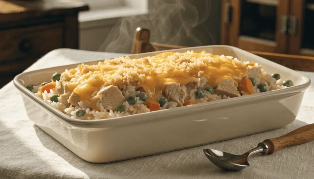 Creamy turkey and rice casserole with vegetables and melted cheese
