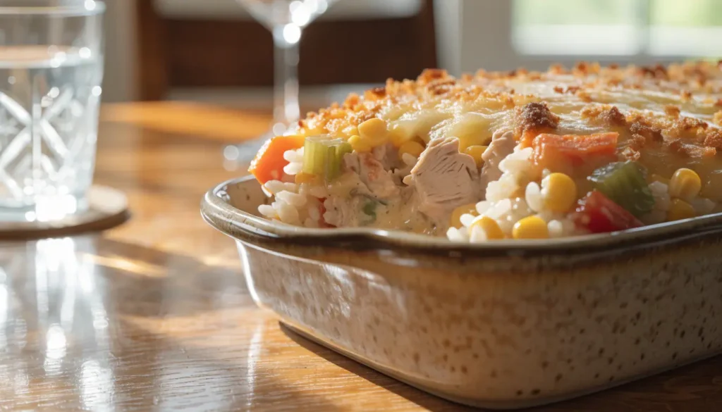 Serving of creamy turkey and rice casserole with golden breadcrumb topping