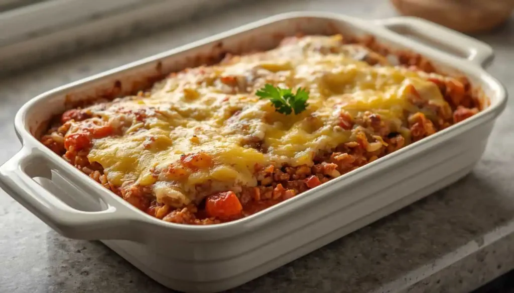 Unstuffed Pepper Casserole with ground beef, bell peppers, rice, tomatoes, and melted cheese