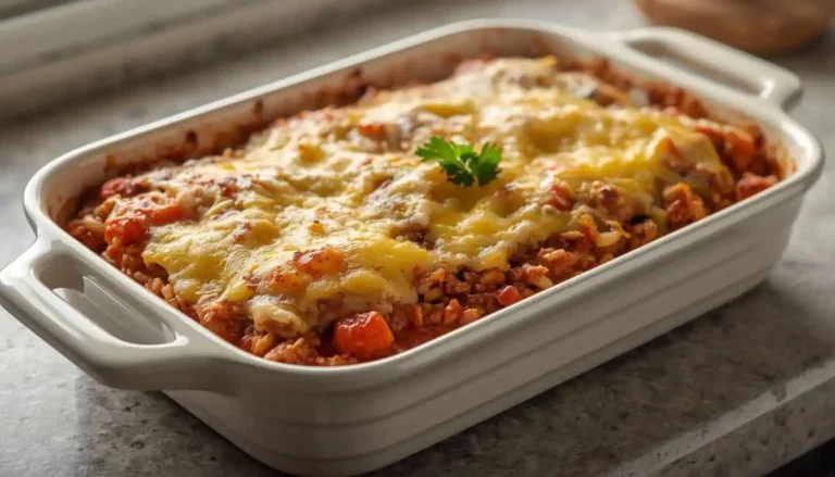 Unstuffed Pepper Casserole with ground beef, bell peppers, rice, tomatoes, and melted cheese