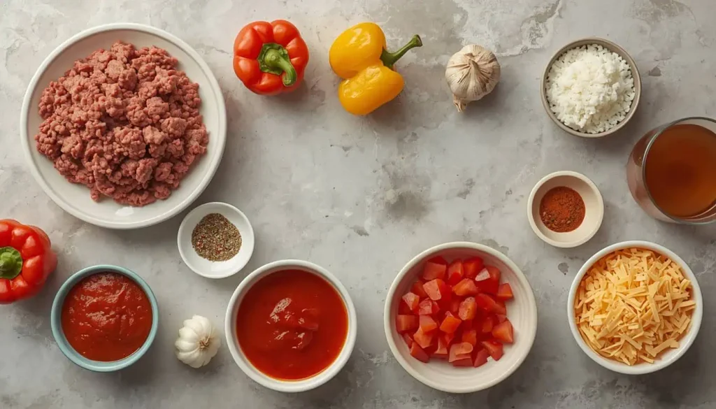Ingredients for Unstuffed Pepper Casserole including ground beef, peppers, rice, tomatoes, and cheese