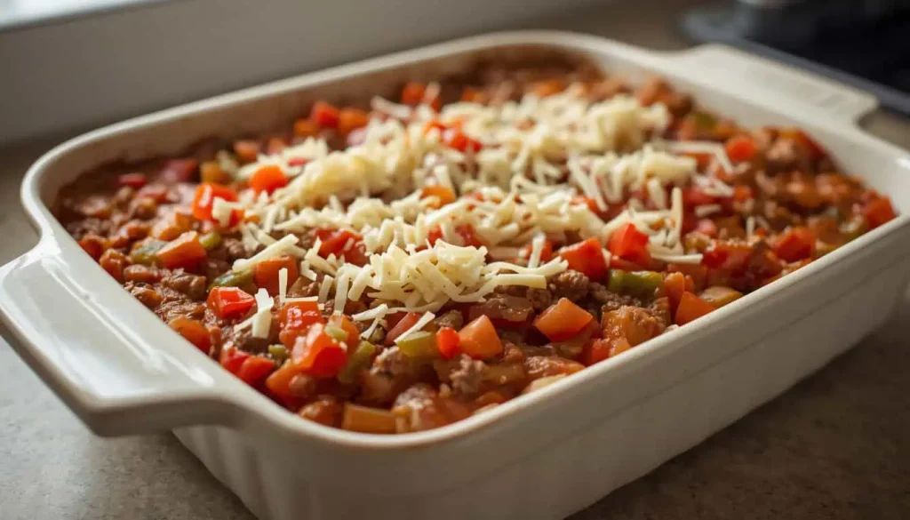 Ground beef, peppers, tomatoes, and rice being prepared for Unstuffed Pepper Casserole