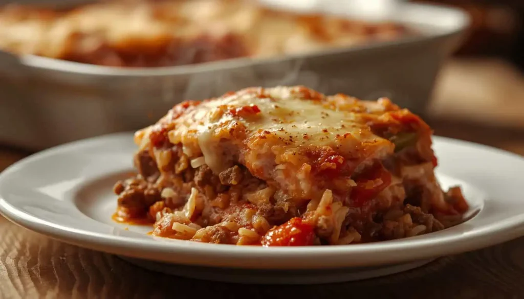 Serving of Unstuffed Pepper Casserole with beef, rice, bell peppers, tomato sauce, and melted cheese