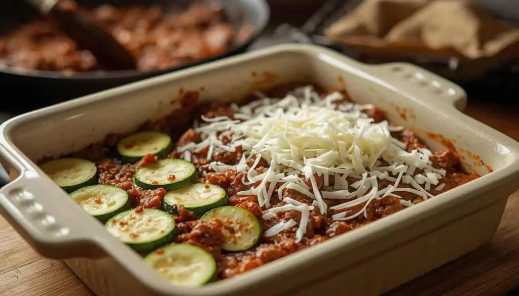 Layers of zucchini and seasoned ground beef tomato sauce being assembled in a casserole dish