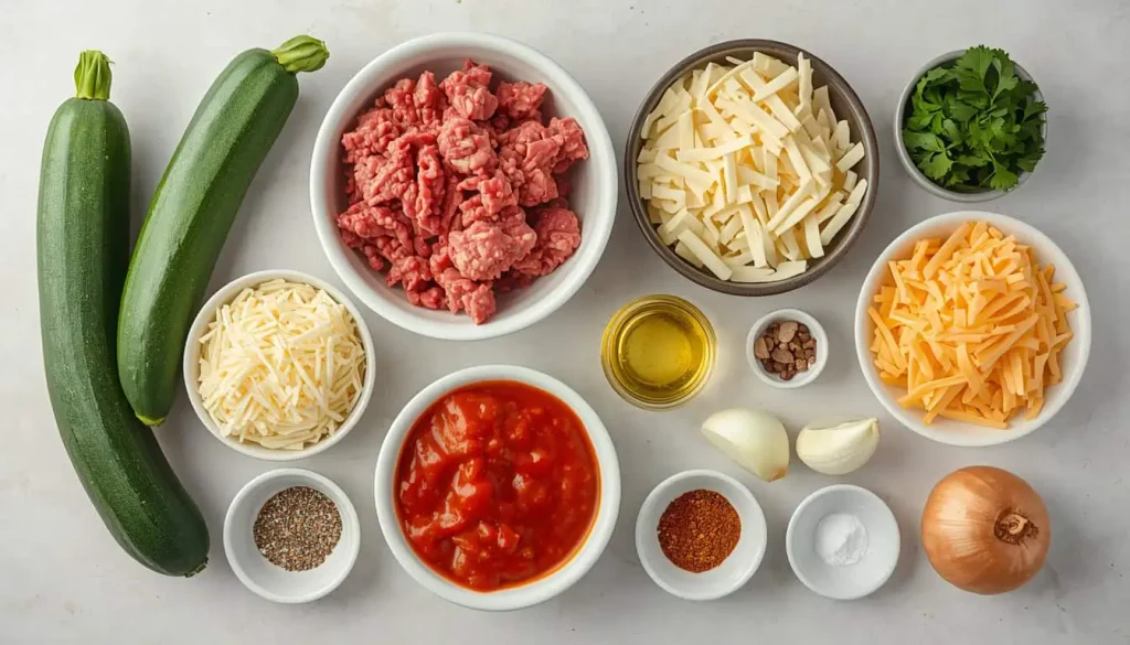Ingredients for zucchini hamburger casserole including zucchini, ground beef, tomatoes, cheese, onion, and seasonings