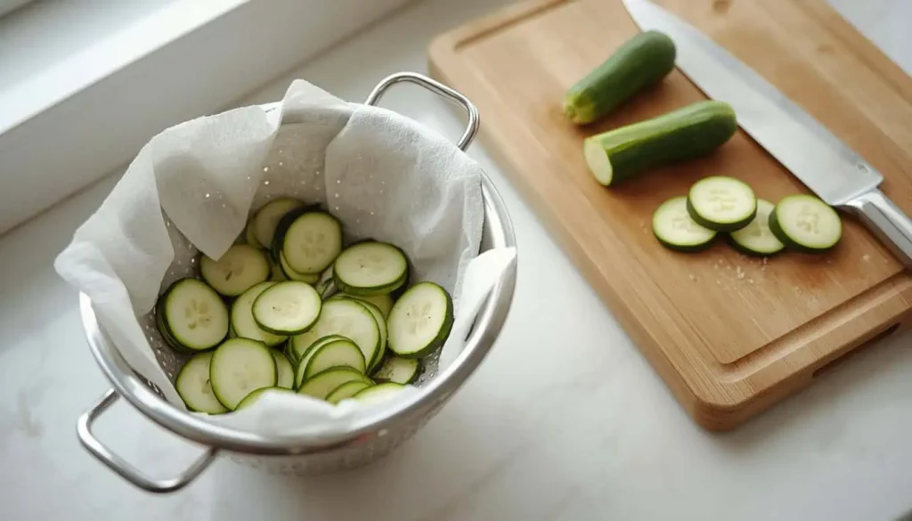 Salted zucchini slices draining in a colander before making zucchini hamburger casserole