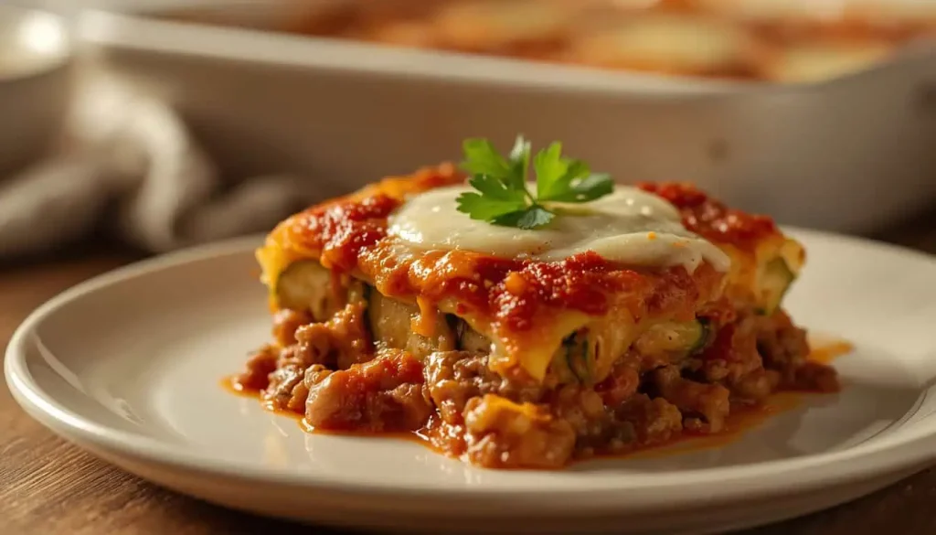 Serving of zucchini hamburger casserole with ground beef, zucchini, tomato sauce, and melted cheese