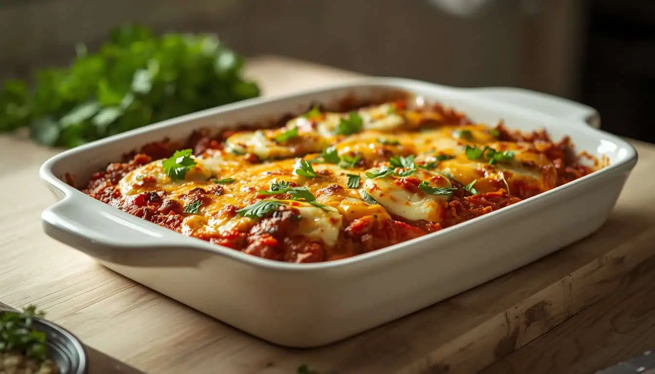 Cheesy zucchini hamburger casserole with ground beef, tomato sauce, and melted cheese in a baking dish